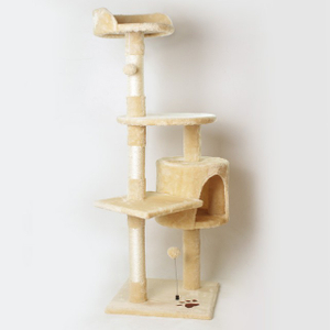 Vierst&ouml;ckiger Luxus-Kratzbaum mit Sisal-Kratzst&auml;mmen, Federpl&uuml;schb&auml;llen und H&ouml;hlenwohnung