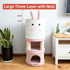 &Aacute;rbol grande para gatos con barril de sisal y conejo bonito de tres capas con nido